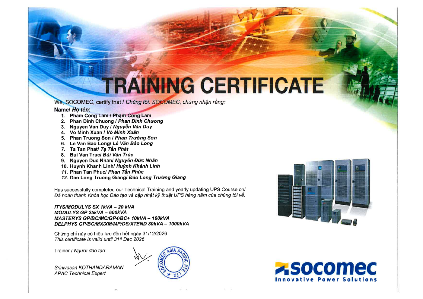 Training certificate SOCOMEC - 2025-2026